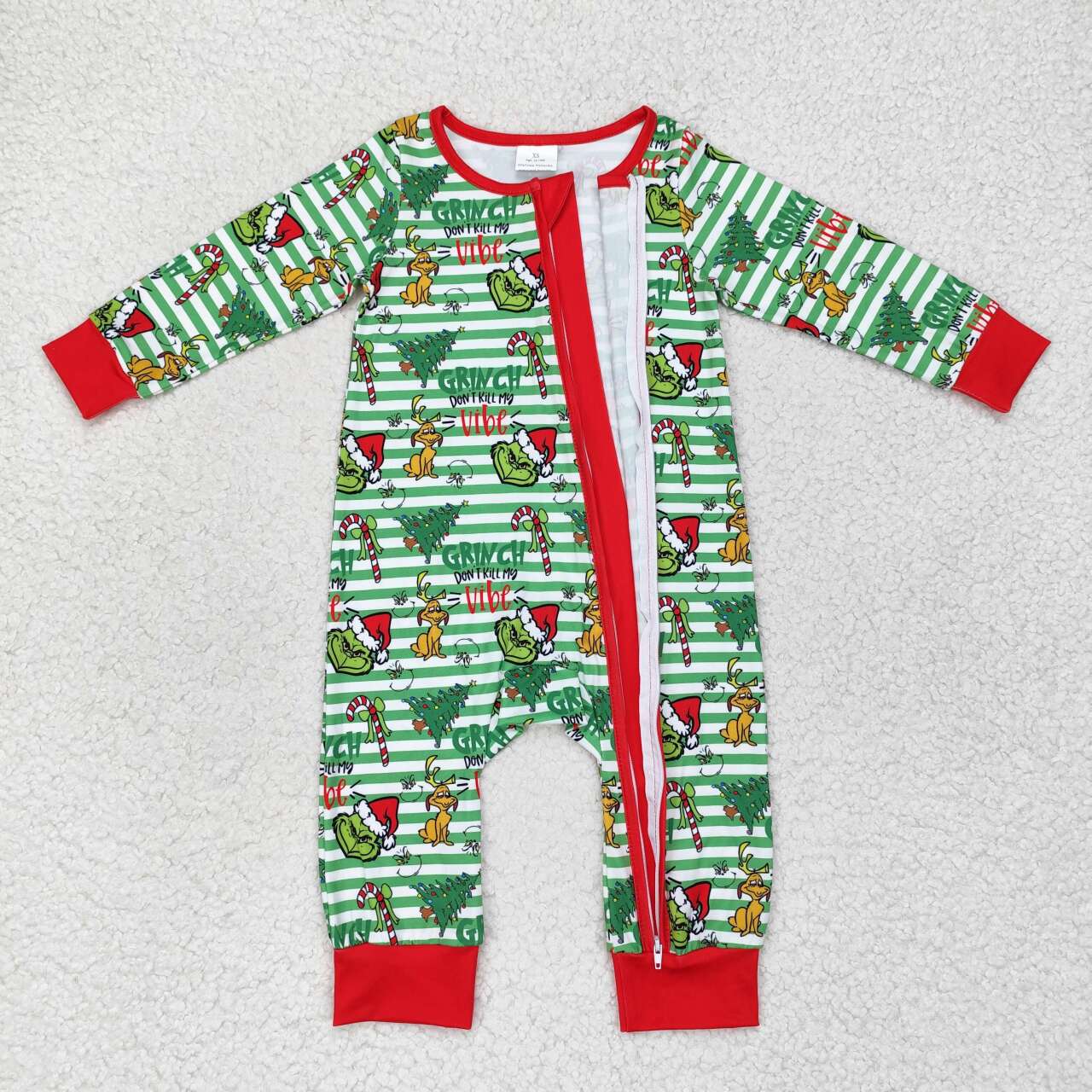 LR1055 Grinch puppy Christmas tree green striped zipper long sleeve onesie