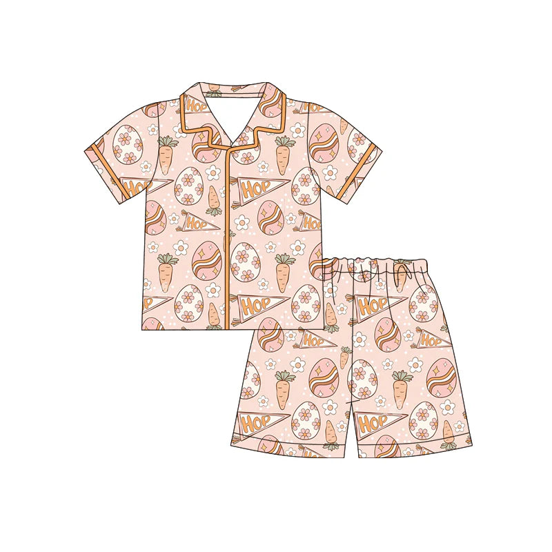 X12.18 Preorder (moq 5)Baby Girls Carrots Hop Flowers Button Top Shorts Easter Pajamas Sets