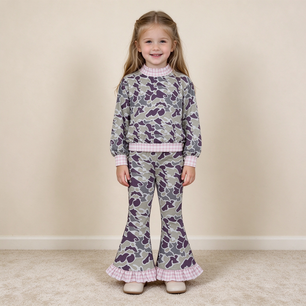 NEW RTS NO MOQ milk silk GLP3736（GT1873+P1184）High Neck Baby Girls Grey Camo Choker Top Ruffle Flare Pant Clothes Set
