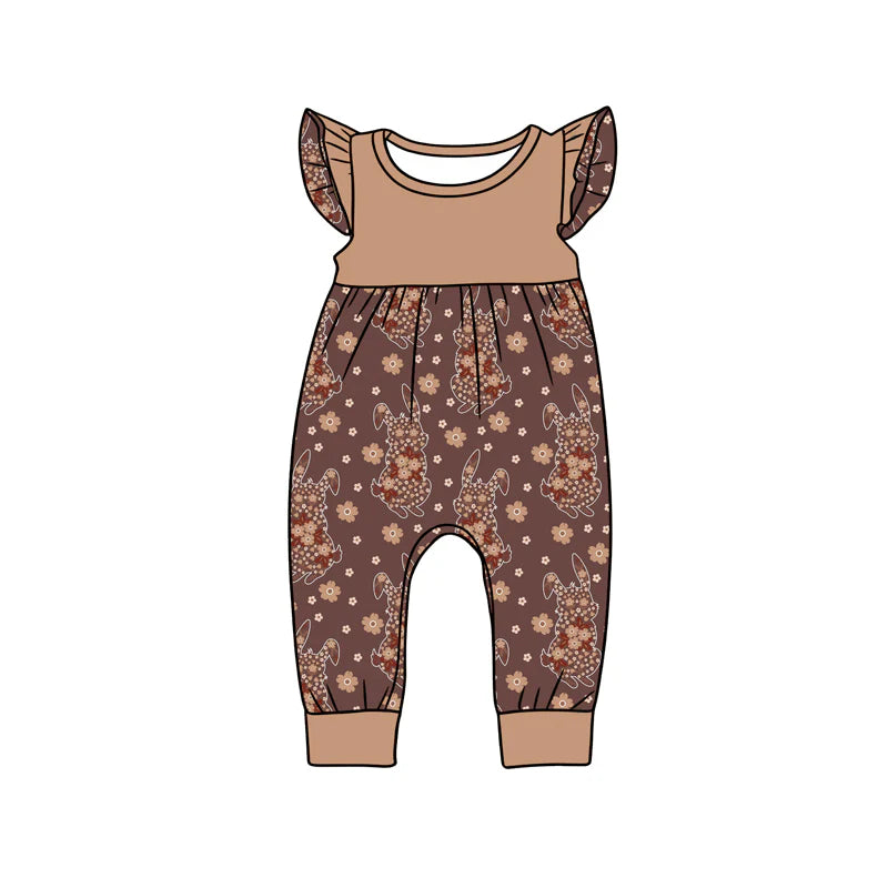 X12.16 Preorder (moq 5)Baby Girls Flutter Sleeve Brown Floral Rabbits Easter Footie Rompers