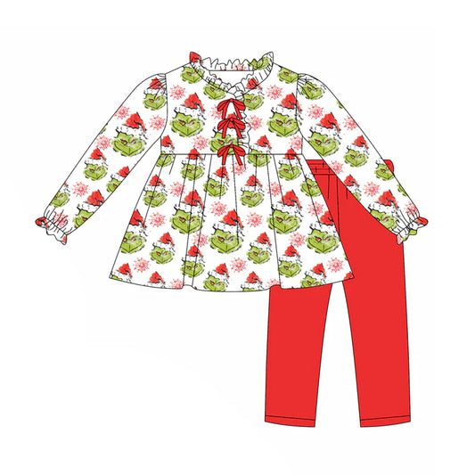8.8Preorder(moq 5) Baby Girls Green Face Snowflake Button Tunic Legging Pants Christmas Set
