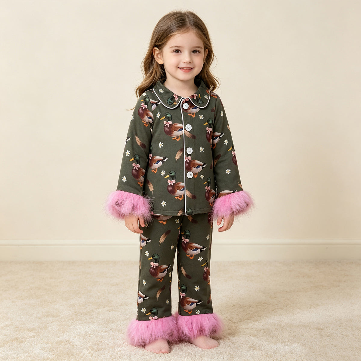 NEW RTS NO MOQ milk silk GLP3629 Baby Girls Flowers Ducks Button Top Pant Fur Sleeves Hunting Pajamas Set