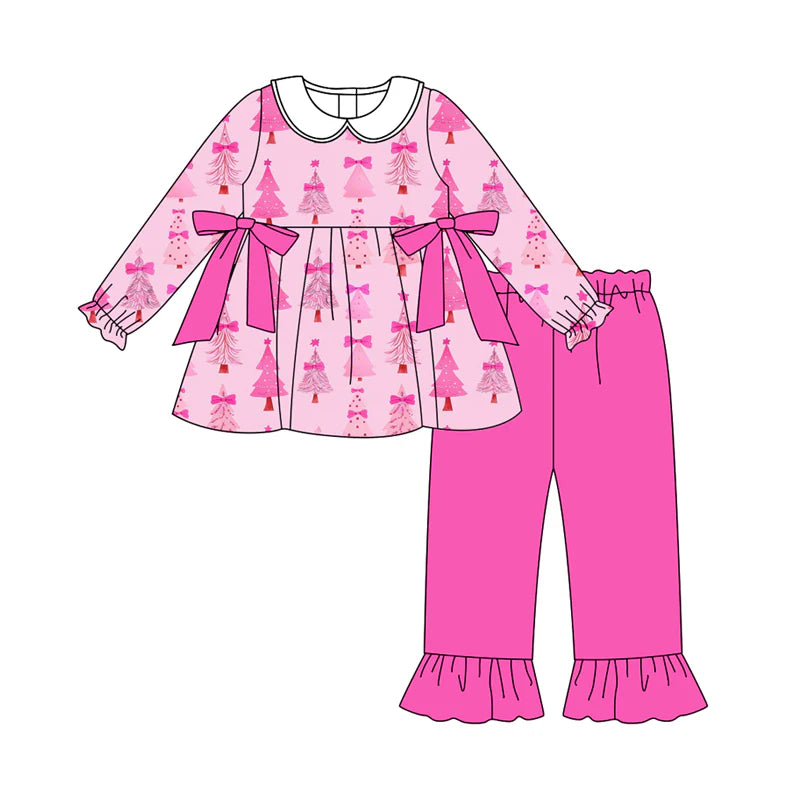 7.16Preorder (moq 5)Baby Girls Hot Pink Long Ruffle Sleeves Christmas Trees Bows Tunic Pant Set