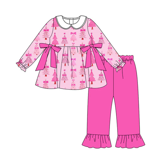 7.16Preorder (moq 5)Baby Girls Hot Pink Long Ruffle Sleeves Christmas Trees Bows Tunic Pant Set