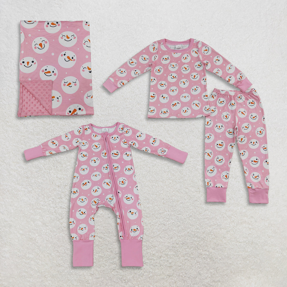 RTS NO MOQ Sibling milk silk Baby Girls Pink Snowmen Christmas Pajamas Sets Zip Romper Blanket