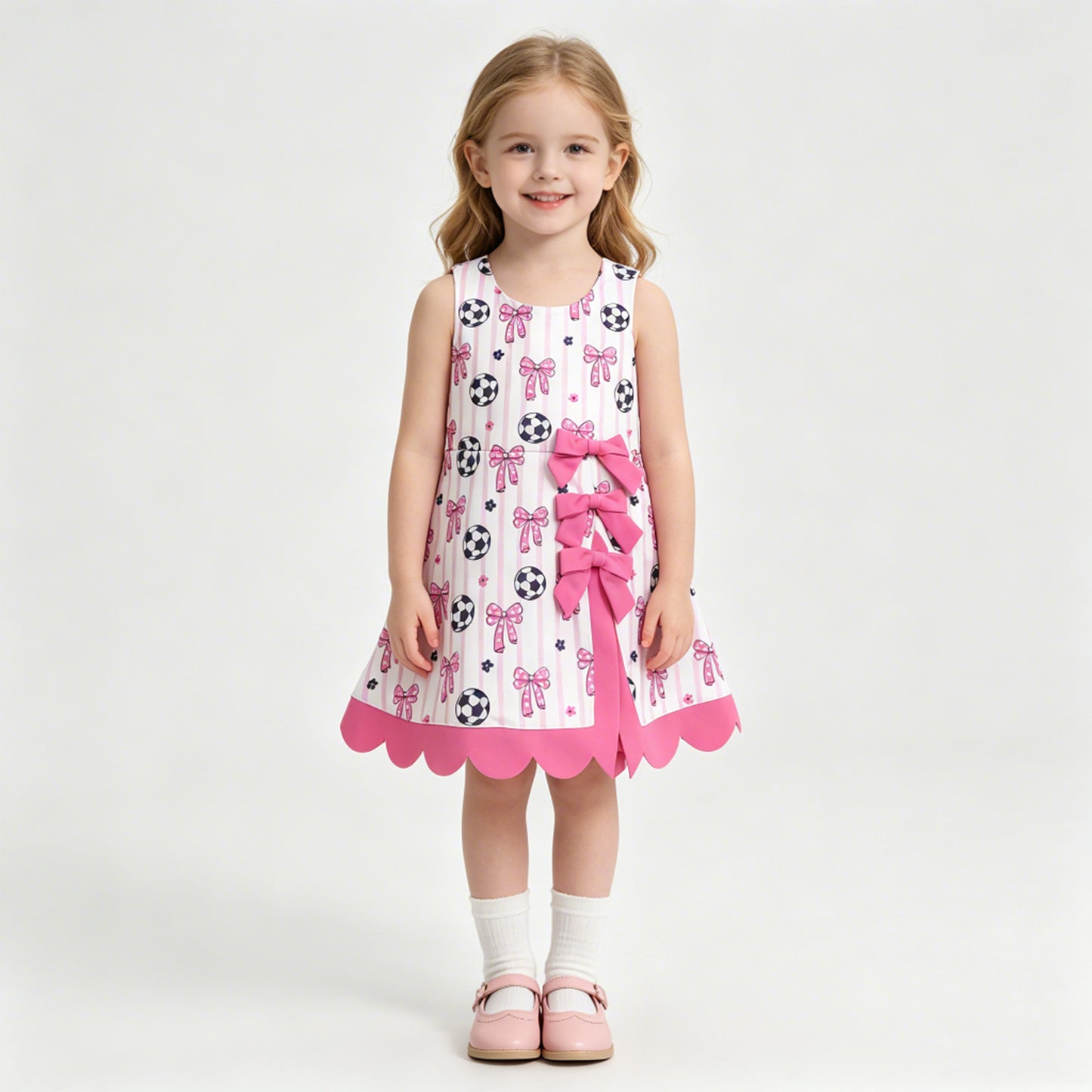 NEW RTS NO MOQ yoga fabric cotton GSD4100 Baby Girls Footballs Bows Team Yoga Active Short Scallop Knee Length Dress