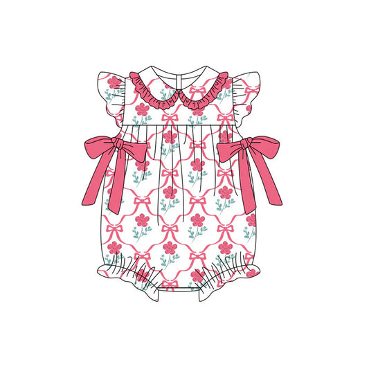 X11.21 Preorder (moq 5)Baby Girls Flutter Sleeve Pink Flowers Bows Checked Ruffle Collar Rompers