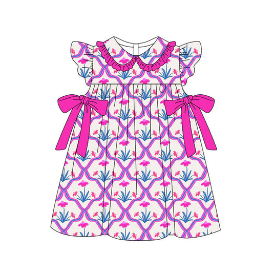 X11.21 Preorder(moq 5) Baby Girls Hot Pink Flowers Checked Bows Collar Knee Length Dresses