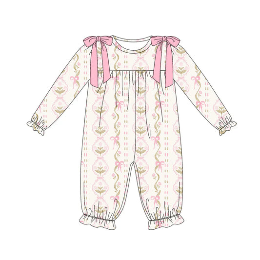 7.12Preorder (moq 5)Baby Girls Long Sleeves Pink Bows Flowers Stripe Ruffle Pant Romper