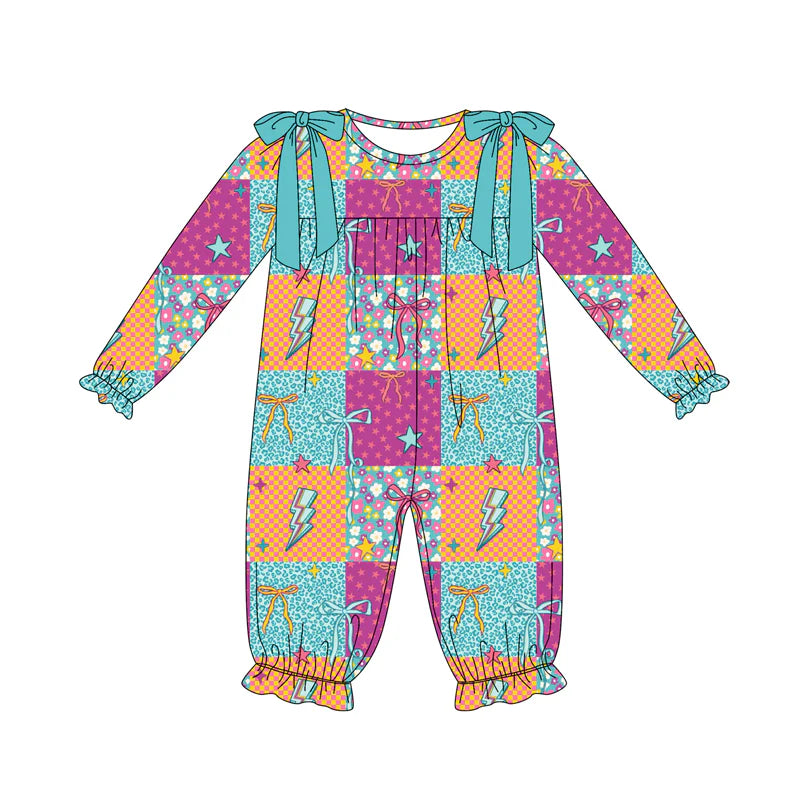 7.12Preorder (moq 5)Baby Girls Long Sleeves Stars Lights Bows Plaid Ruffle Pant Romper