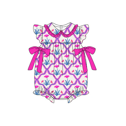 X11.21 Preorder (moq 5)Baby Girls Flutter Sleeve Hot Pink Flowers Bows Checked Ruffle Rompers