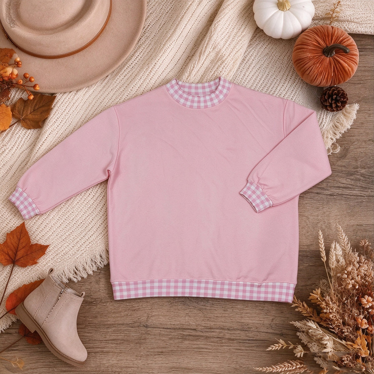 NEW RTS NO MOQ milk silk GT1794 Adult Women Pink Long Sleeve Sweater Gingham Choker Tee Shirts Tops