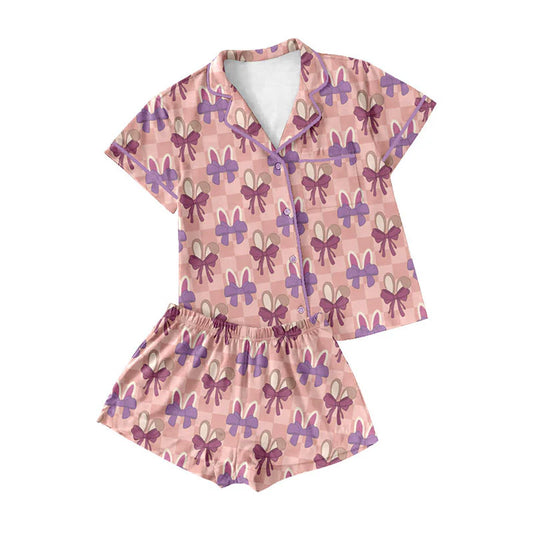 X922Preorder (moq 5)Baby Girls Rabbits Bows Checked Button Pocket Top Shorts Easter Pajamas Sets