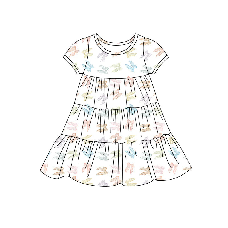 X11.20Preorder(moq 5) Baby Girls Colorful Bows Patchwork Ruffle Knee Length Dresses
