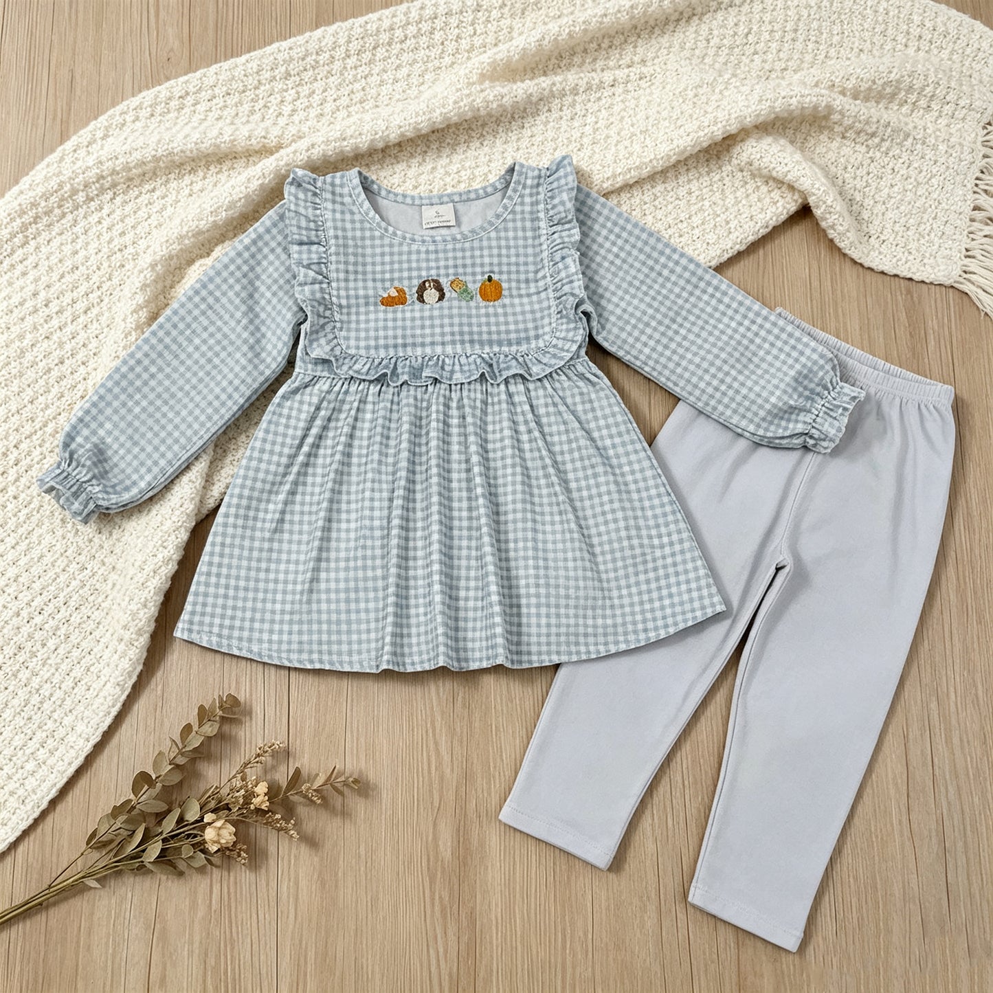 RTS NO MOQ milk silk GLP3409 Embroidery Turkey Pumpkins Baby Girls Tunic Leggings Thanksgivings Set