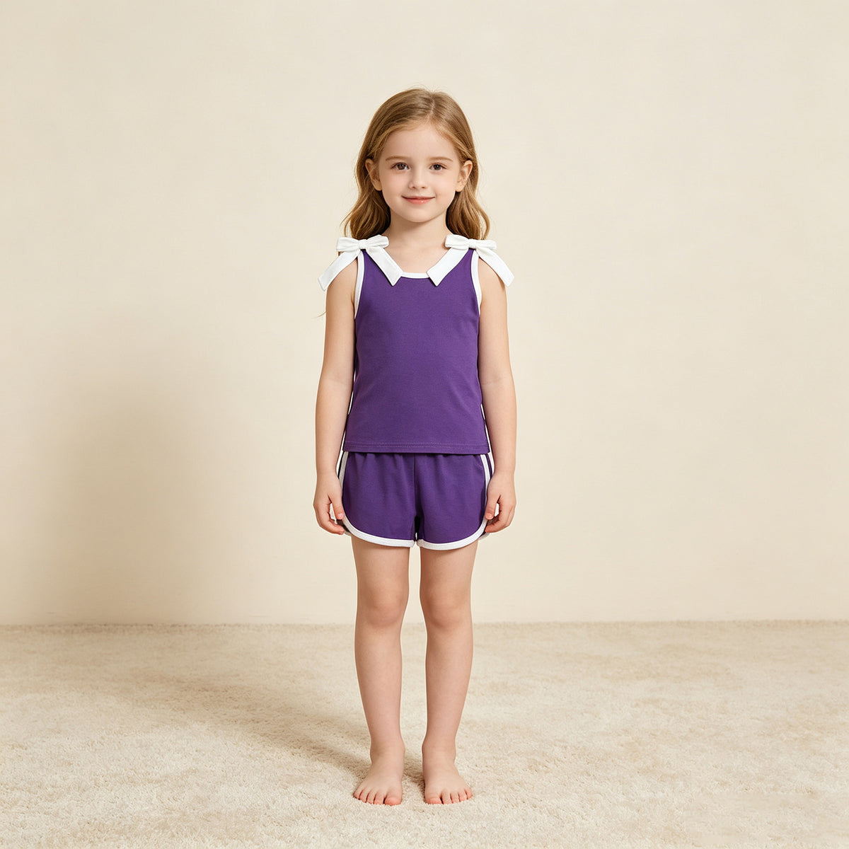 NEW RTS NO MOQ milk silk GSSO3858 Baby Girls Purple White Bows Sleeveless Vests Pockets Short Clothes Sets