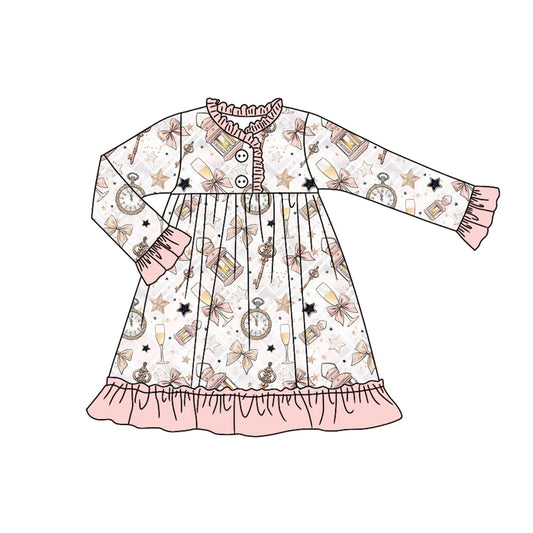 7.21Preorder (moq 5)Baby Girls Long Sleeves Pink Bows Stars Plaid Ruffle Button Knee Length Dress
