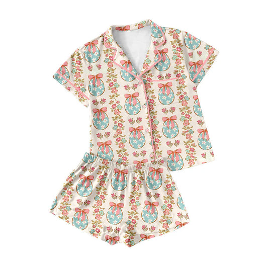 X922Preorder (moq 5)Baby Girls Flowers Bows Eggs Stripe Button Pocket Top Shorts Easter Pajamas Sets