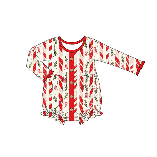7.12Preorder (moq 5)Baby Girls Long Sleeves Gingerbread Trees Stripes Button Ruffle Romper