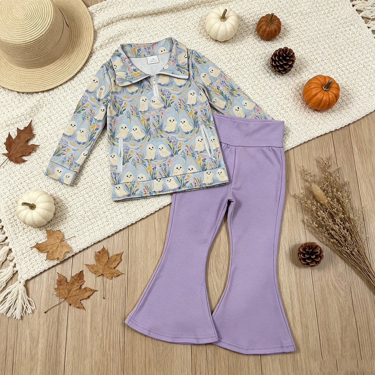 NEW RTS NO MOQ milk silk GLP3506 Baby Girls Ghosts Zip Pockets Pullovers Flare Pant Halloween Clothes Set
