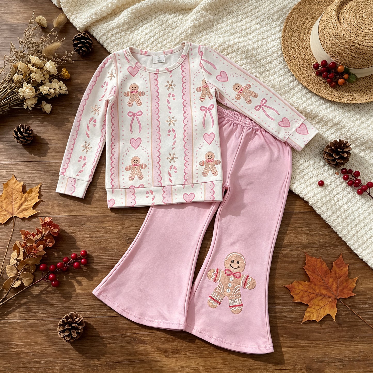NEW RTS NO MOQ milk silk GLP3540 Baby Girls Pink Gingerbread Candy Cane Bow Print Long Sleeve Top Pink Flare Bell Bottom Pants Christmas Outfit