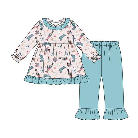 8.2Girls Soldiers Bows Plaid Tunic Ruffle Pant Western Set