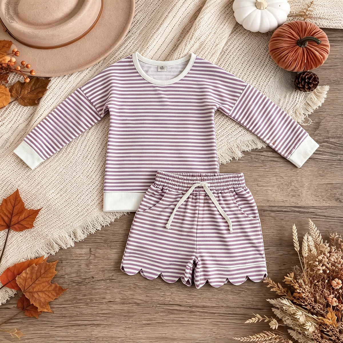 RTS NO MOQ yoga fabric GLS0155 Baby Girls Purple Stripe Long Sleeve Top Pockets Scallop Short Yoga Active Clothes Set