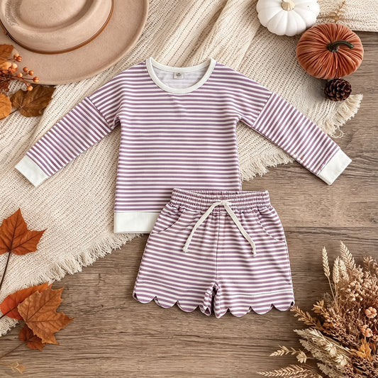 RTS NO MOQ yoga fabric GLS0155 Baby Girls Purple Stripe Long Sleeve Top Pockets Scallop Short Yoga Active Clothes Set