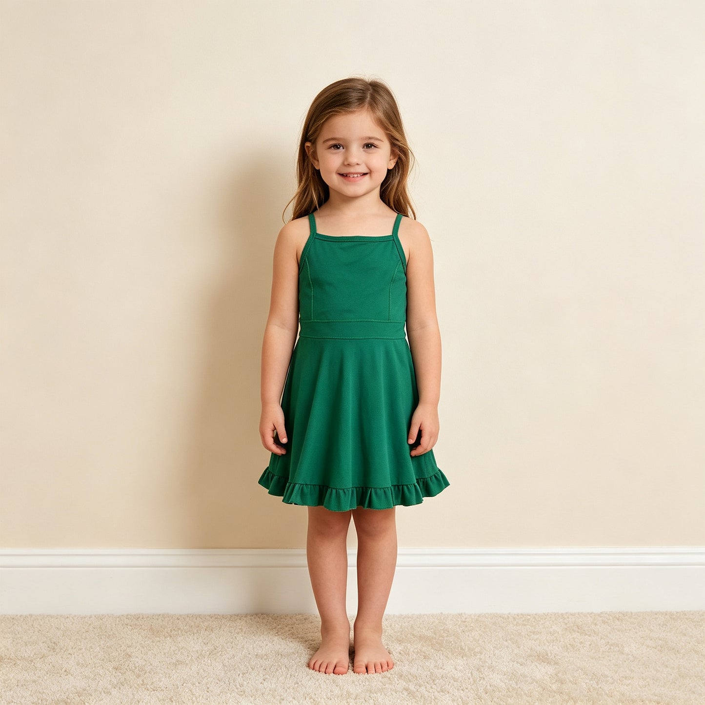 NEW RTS NO MOQ yoga fabric cotton S0782 Baby Girls Green Knit Knee Length Active Wear Dresses Casual Wear