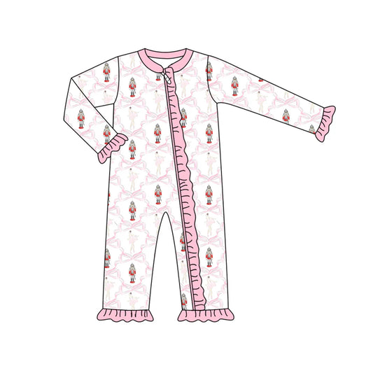 7.12Preorder (moq 5)Baby Girls Long Sleeves Pink Bows Soldiers Ruffle Zipper Romper