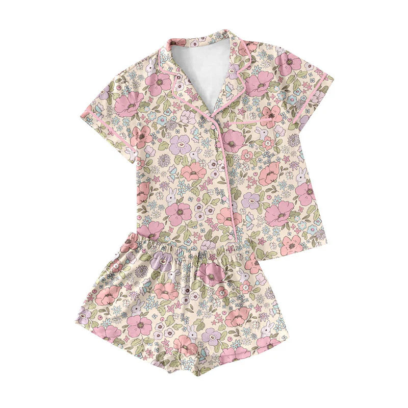 X920Preorder (moq 5)Baby Girls Pink Floral Rabbits Button Pocket Top Shorts Easter Pajamas Sets