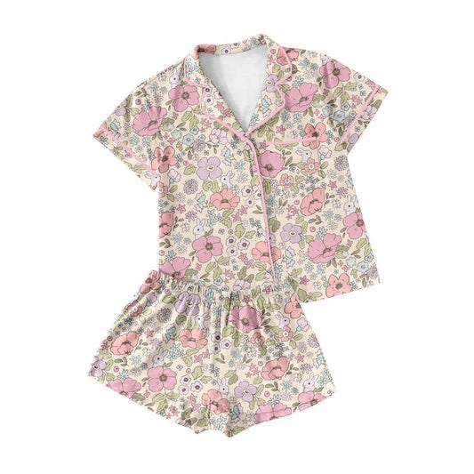 X920Preorder (moq 5)Baby Girls Pink Floral Rabbits Button Pocket Top Shorts Easter Pajamas Sets