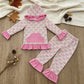 NEW RTS NO MOQ milk silk GLP3520 Baby Girls Pink Small Flowers Bows Pocket Ruffle Hoodie Pants Clothes Sets