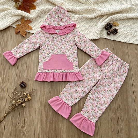 NEW RTS NO MOQ milk silk GLP3520 Baby Girls Pink Small Flowers Bows Pocket Ruffle Hoodie Pants Clothes Sets