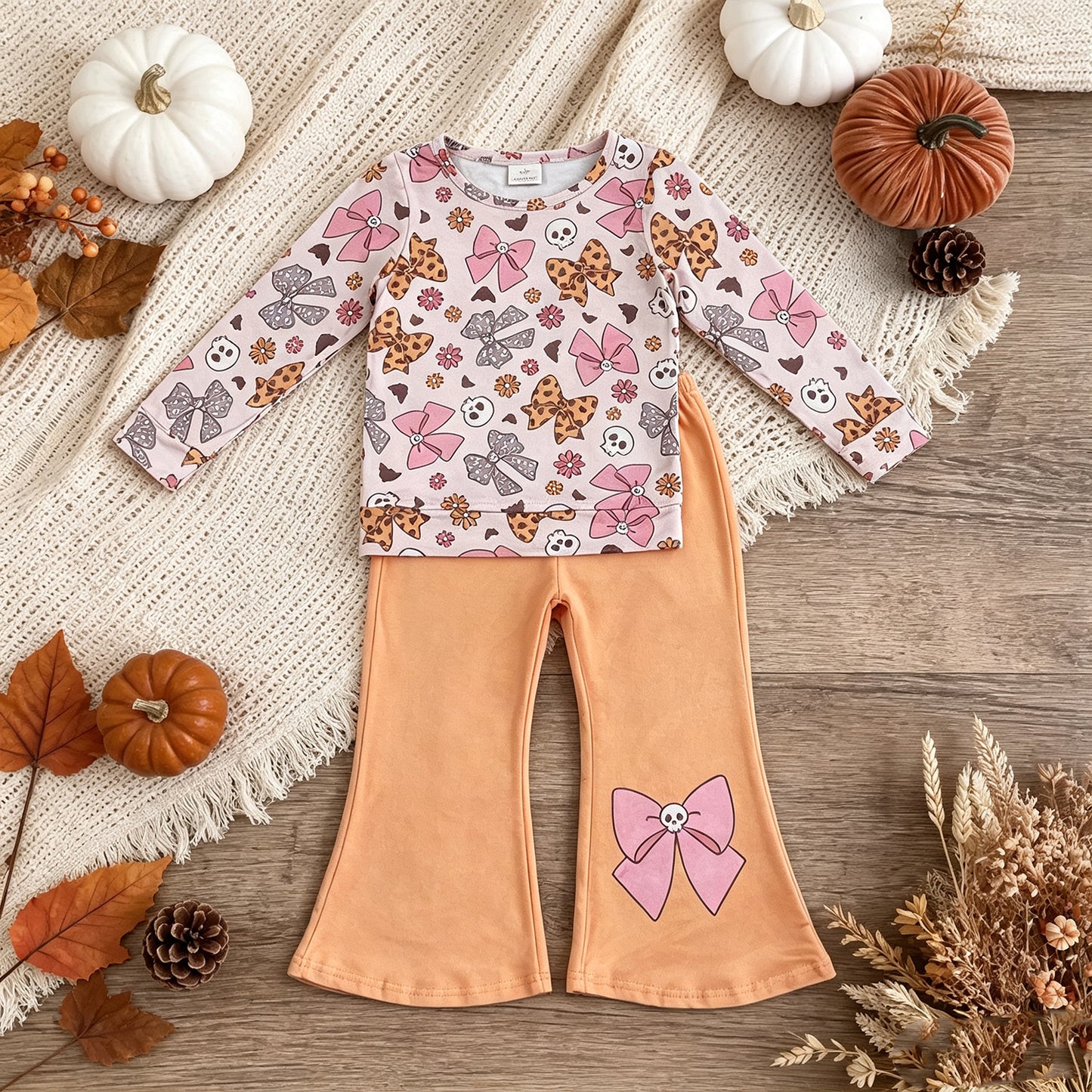 NEW RTS NO MOQ milk silk GLP3536 Baby Girls Bat Bows Ghosts Top Flare Pant Halloweens Casual Outfit