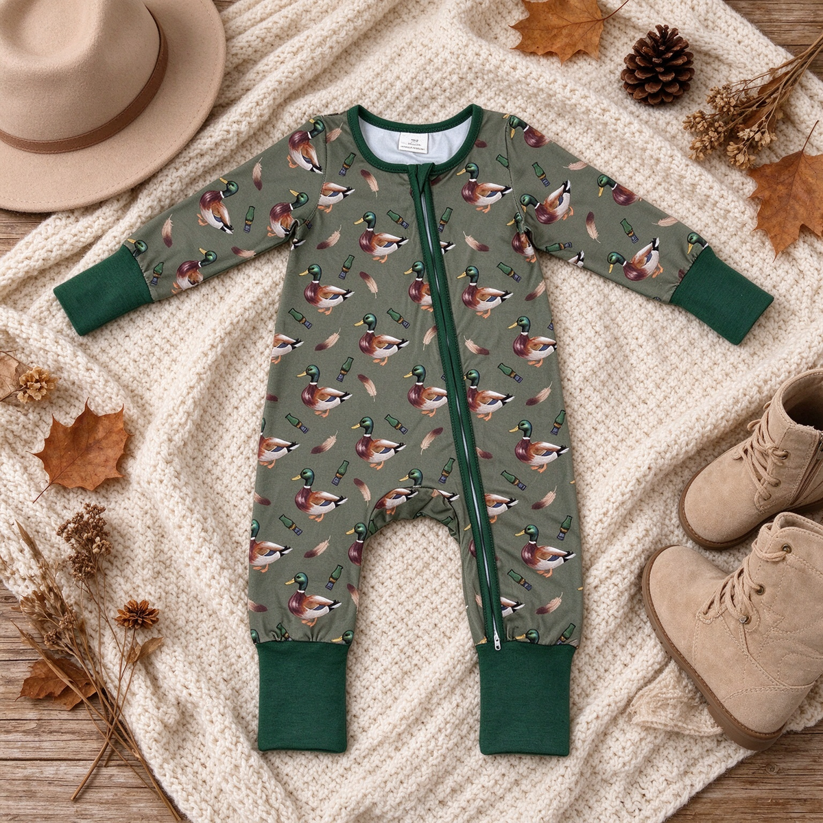NEW RTS NO MOQ milk silk LR3232 Baby Boys Green Ducks Calls Hunting Two Way Zip Convertible Romper