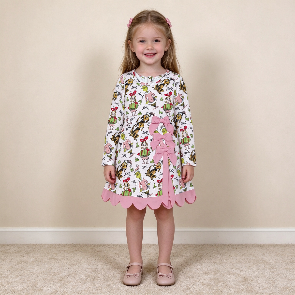 NEW RTS NO MOQ yoga fabric GLD1656 Baby Girls Frogs Gifts Christmas Yoga Active Short Bows Scallop Knee Length Dress