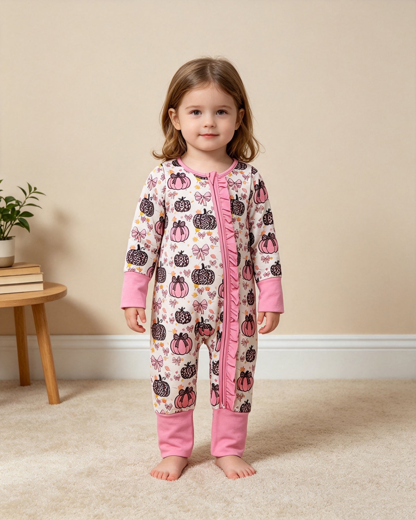NEW RTS NO MOQ milk silk LR3061 Baby Girls Pink Bows Leopard Pumpkins Fall Two Way Ruffle Zip Convertible Rompers