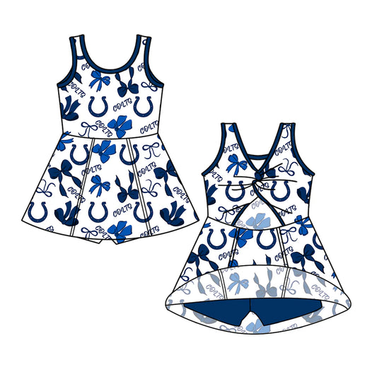 7.1Preorder (moq 5)Baby Girls Blue Sleeveless Bows Plaid Colts Short Team Knee Length Dresses