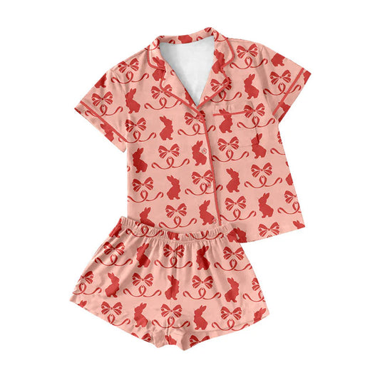 X920Preorder (moq 5)Baby Girls Red Bows Rabbits Button Pocket Top Shorts Easter Pajamas Sets