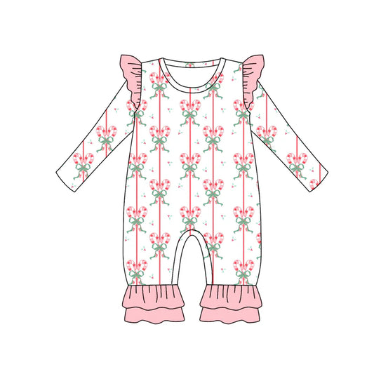 7.12Preorder (moq 5)Baby Girls Long Sleeves Pink Bows Candy Cane Stripe Ruffle Pant Romper