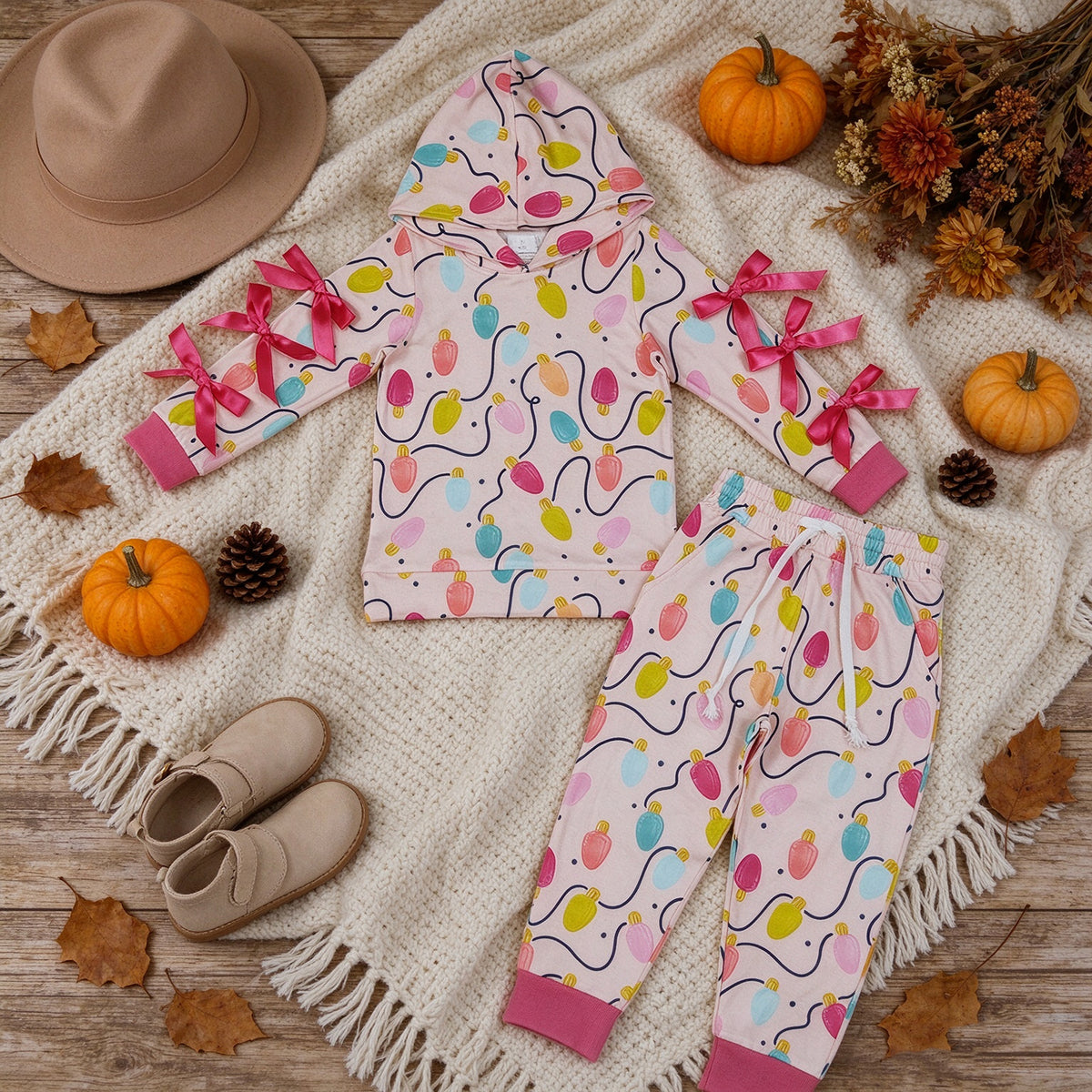 NEW RTS NO MOQ milk silk GLP3613 Baby Girls Colorful Lights Bows Hoodie Pockets Jogger Christmas Clothes Set