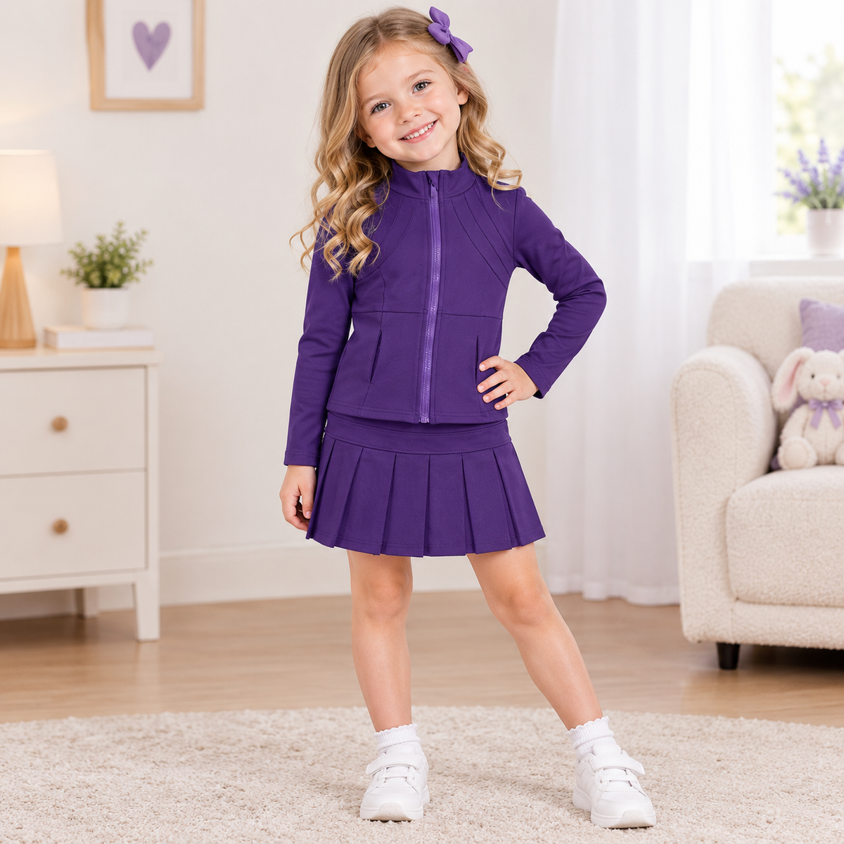 NEW RTS NO MOQ yoga fabric cotton GLD1704(GT1803+GLK0086)Baby Girls Purple Zip Jacket Pleated Skirt Short Yoga Active Clothes Set