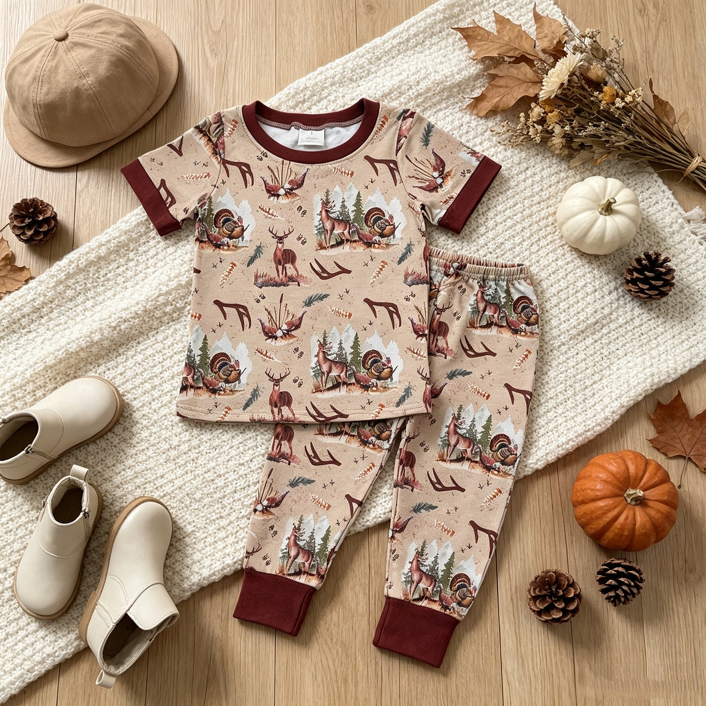 NEW RTS NO MOQ milk silk BSPO0494 Baby Boys Short Sleeve Deer Turkey Top Pants Hunting Pajamas Sets