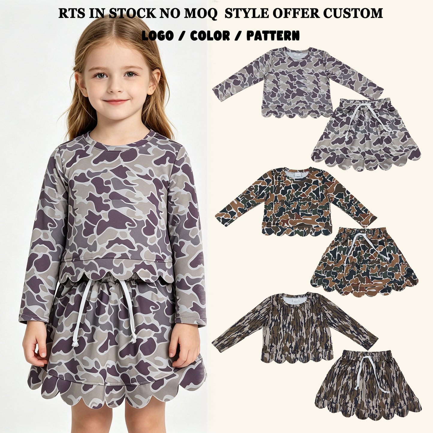 RTS NO MOQ Sibling milk silk Baby Girls Camo Top Skirt Short Scallop Clothes Set