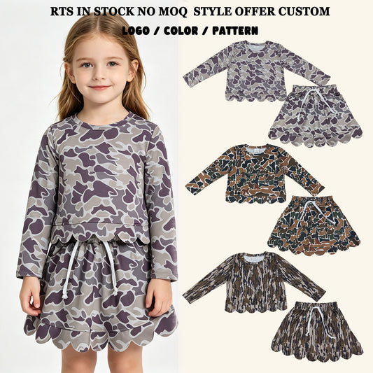 RTS NO MOQ Sibling milk silk Baby Girls Camo Top Skirt Short Scallop Clothes Set