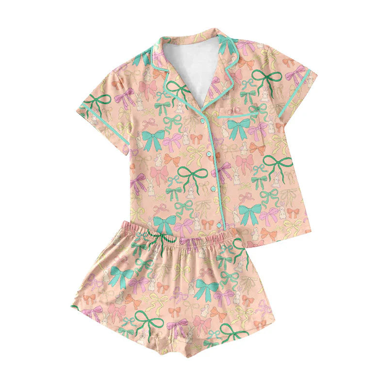 X920Preorder (moq 5)Baby Girls Colorful Bows Rabbits Button Pocket Top Shorts Easter Pajamas Sets
