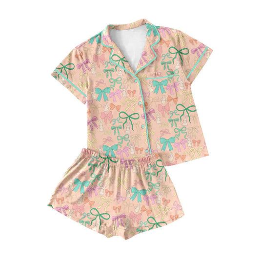 X920Preorder (moq 5)Baby Girls Colorful Bows Rabbits Button Pocket Top Shorts Easter Pajamas Sets