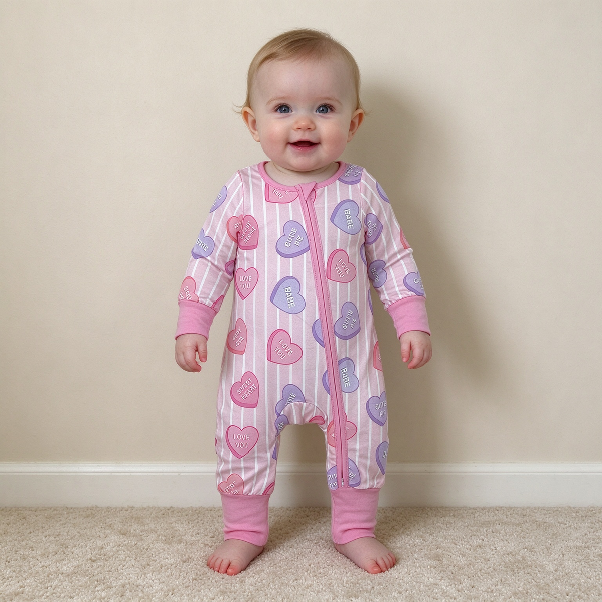 NEW RTS NO MOQ milk silk LR3325 Baby Girls Pink Stripe LOVE YOU Hearts Valentines Two Way Zip Convertible Rompers