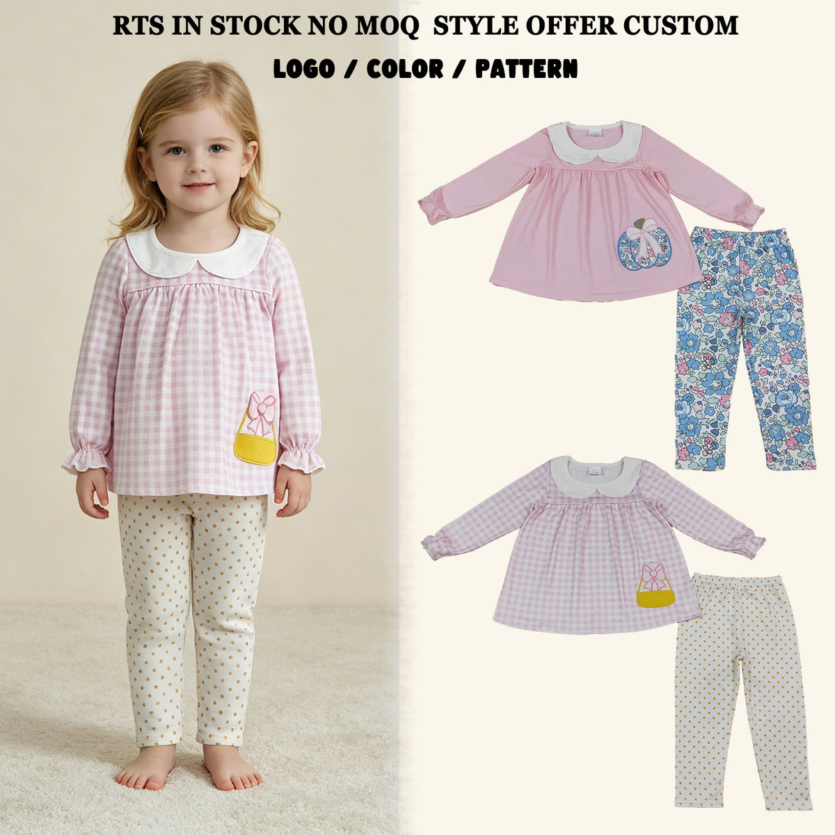 RTS NO MOQ Sibling milk silk Embroidery Baby Girls Collar Tunic Leggings Fall Clothes Sets